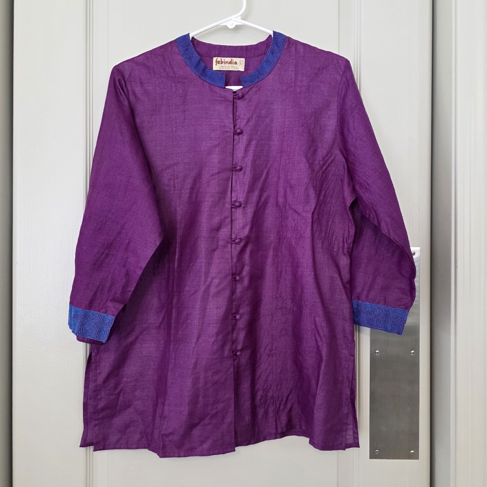 fabindia Purple Collarless Button-Front Shirt Jacket with Blue Trim